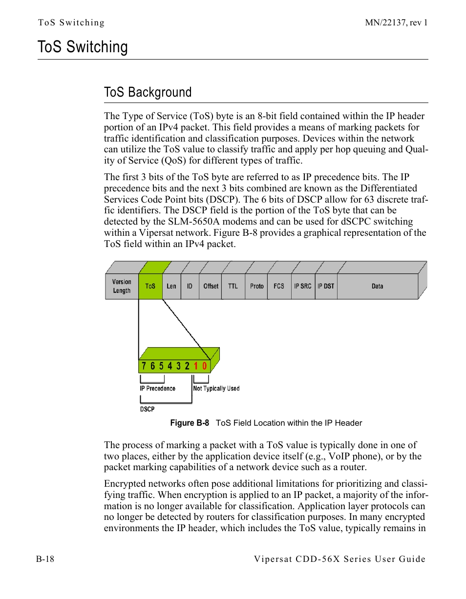 Tos switching, Tos background, Tos background . . . . . . . . . . . . . . b-18 | Figure b-8 tos field location within the ip header | Comtech EF Data CDD-56X Series Vipersat User Manual | Page 118 / 176