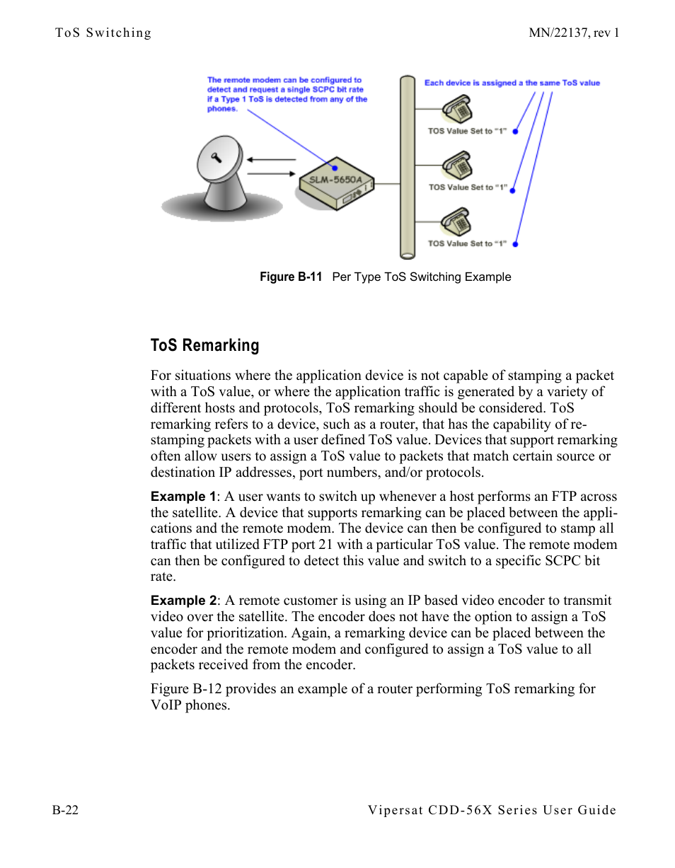 Tos remarking, Tos remarking . . . . . . . . . . . . b-22, Figure b-11 per type tos switching example | Comtech EF Data CDD-56X Series Vipersat User Manual | Page 122 / 176