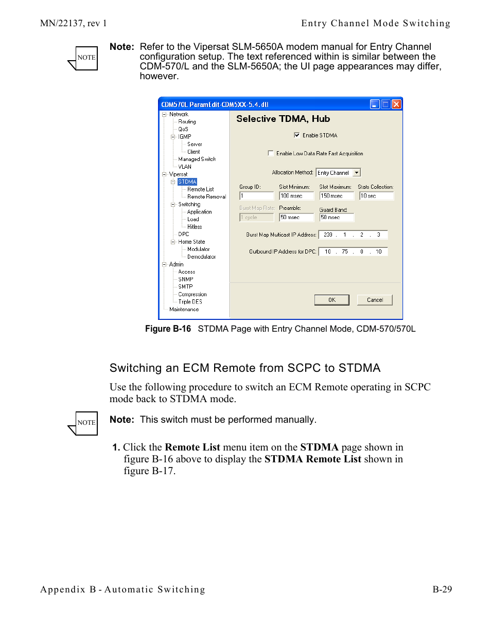 Switching an ecm remote from scpc to stdma, Switching an ecm remote from scpc to, Stdma. . . . . . . . . . . . . . . b-29 | Mode, cdm-570/570l | Comtech EF Data CDD-56X Series Vipersat User Manual | Page 129 / 176