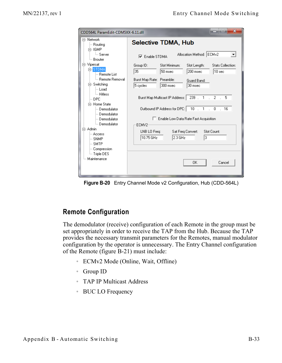 Remote configuration, Remote configuration . . . . . . . . . b-33, Figure b-20 entry channel mode v2 configuration | Hub (cdd-564l) | Comtech EF Data CDD-56X Series Vipersat User Manual | Page 133 / 176