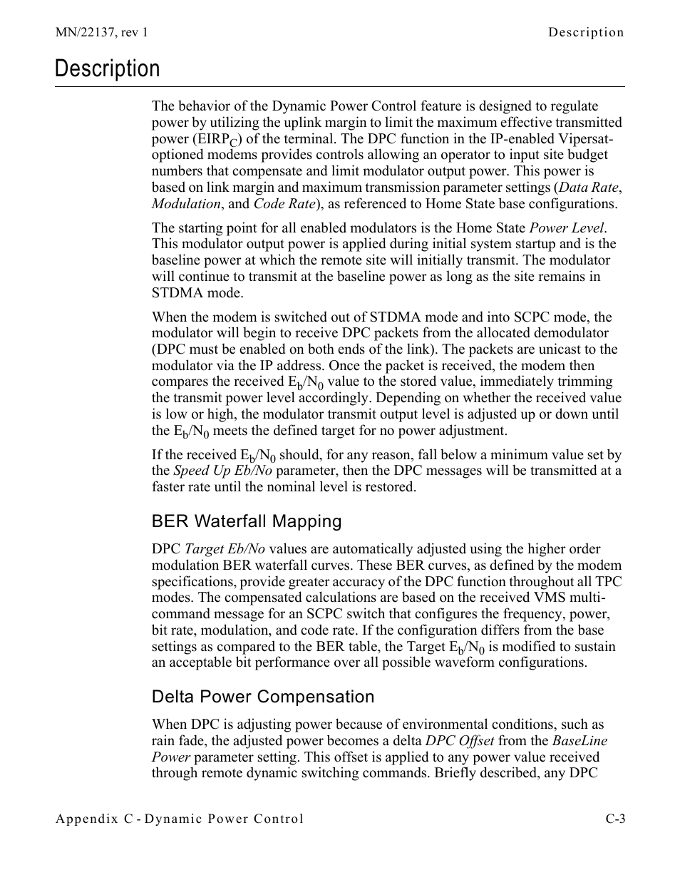 Description, Ber waterfall mapping, Delta power compensation | Comtech EF Data CDD-56X Series Vipersat User Manual | Page 139 / 176