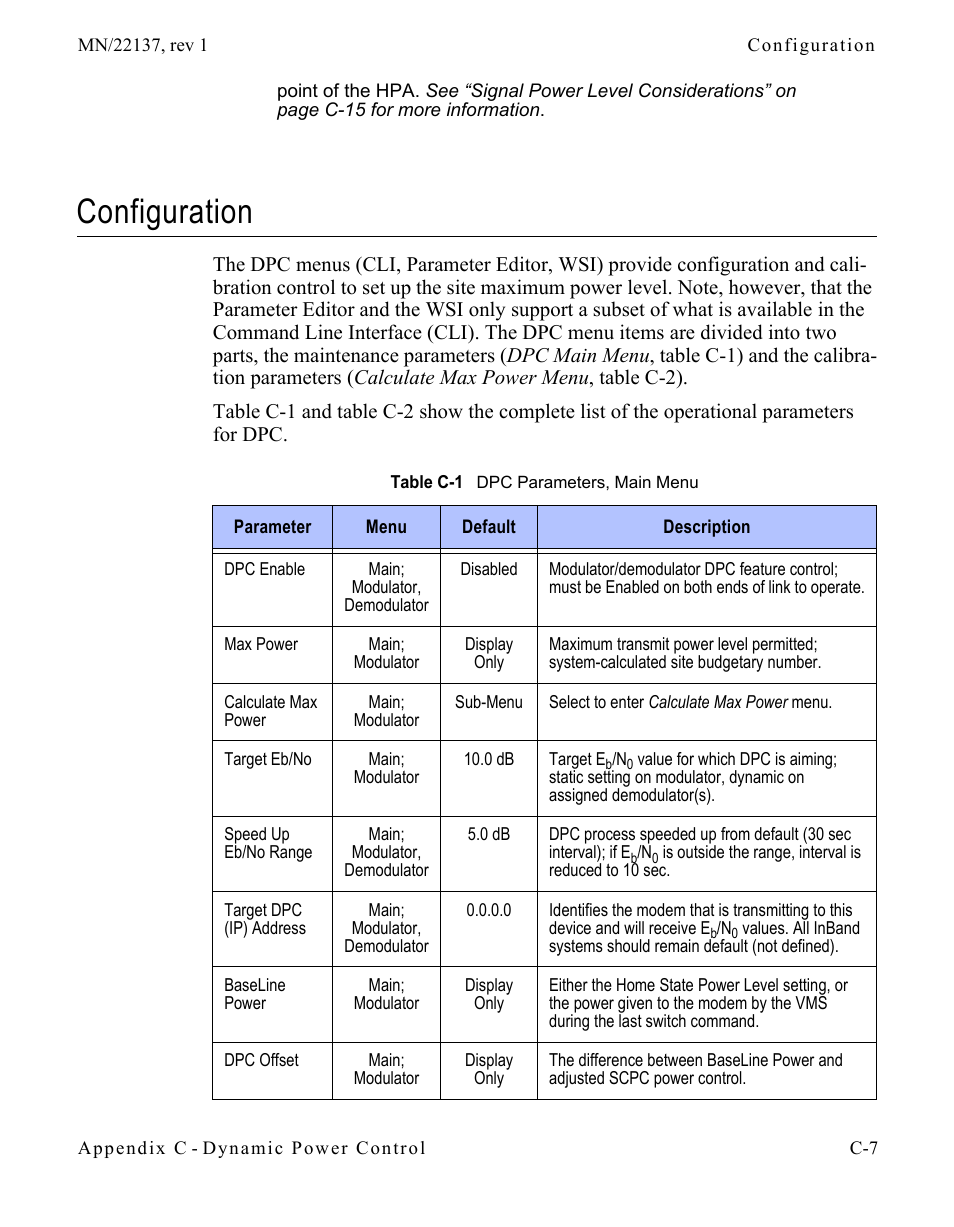 Configuration, Table c-1 dpc parameters, main menu | Comtech EF Data CDD-56X Series Vipersat User Manual | Page 143 / 176