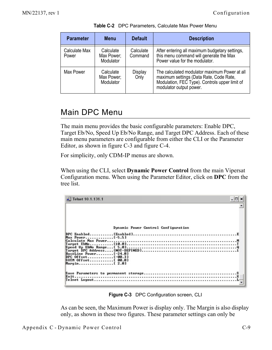 Main dpc menu, Main dpc menu . . . . . . . . . . . . . . .c-9, Figure c-3 dpc configuration screen, cli | Comtech EF Data CDD-56X Series Vipersat User Manual | Page 145 / 176