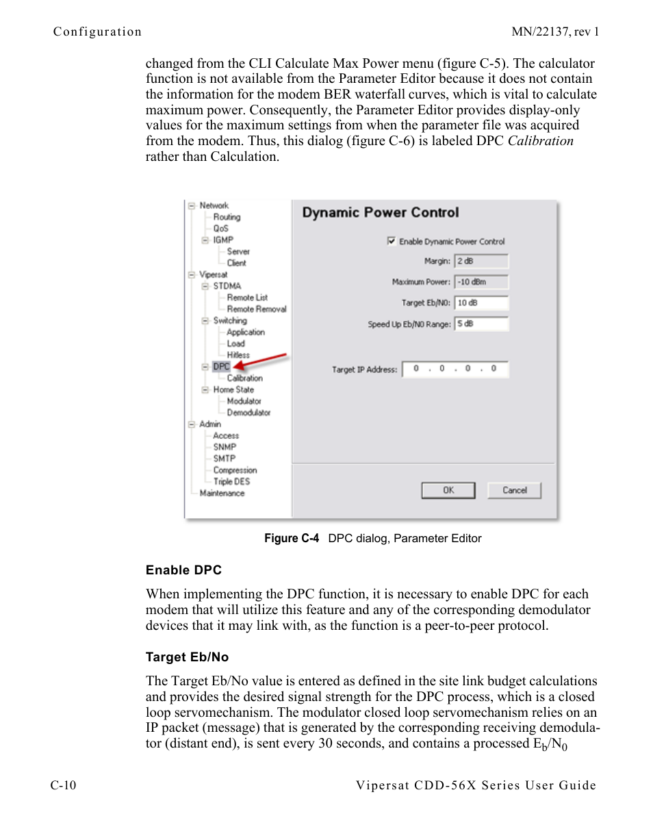 Enable dpc, Target eb/no, Figure c-4 dpc dialog, parameter editor | Comtech EF Data CDD-56X Series Vipersat User Manual | Page 146 / 176