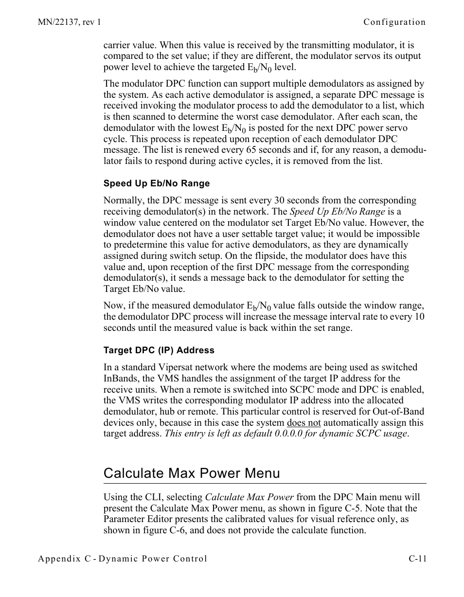 Speed up eb/no range, Target dpc (ip) address, Calculate max power menu | Calculate max power menu . . . . . . . . c-11 | Comtech EF Data CDD-56X Series Vipersat User Manual | Page 147 / 176