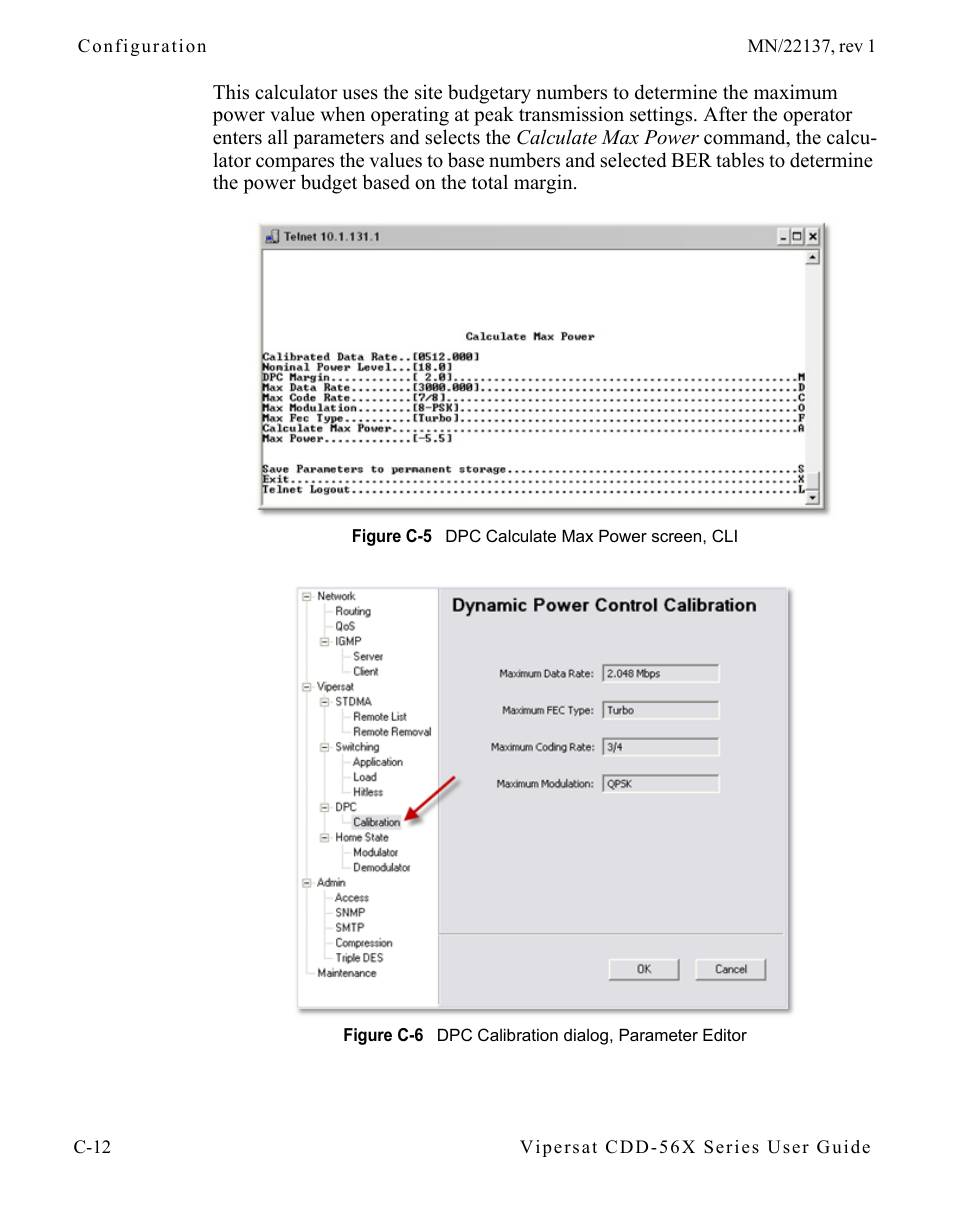 Figure c-5 dpc calculate max power screen, cli, Figure c-6 dpc calibration dialog, parameter, Editor | Comtech EF Data CDD-56X Series Vipersat User Manual | Page 148 / 176