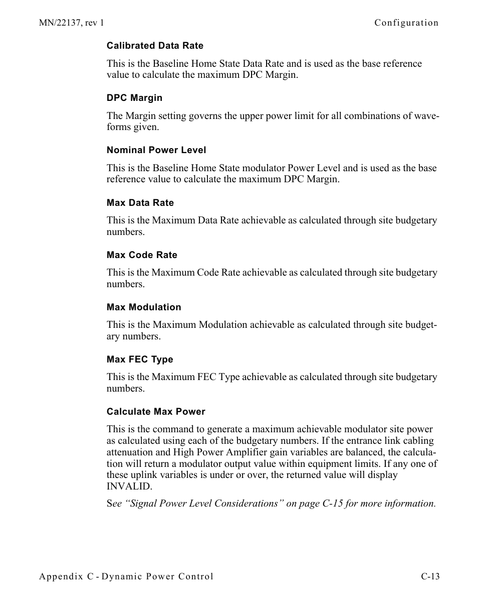 Calibrated data rate, Dpc margin, Nominal power level | Max data rate, Max code rate, Max modulation, Max fec type, Calculate max power | Comtech EF Data CDD-56X Series Vipersat User Manual | Page 149 / 176