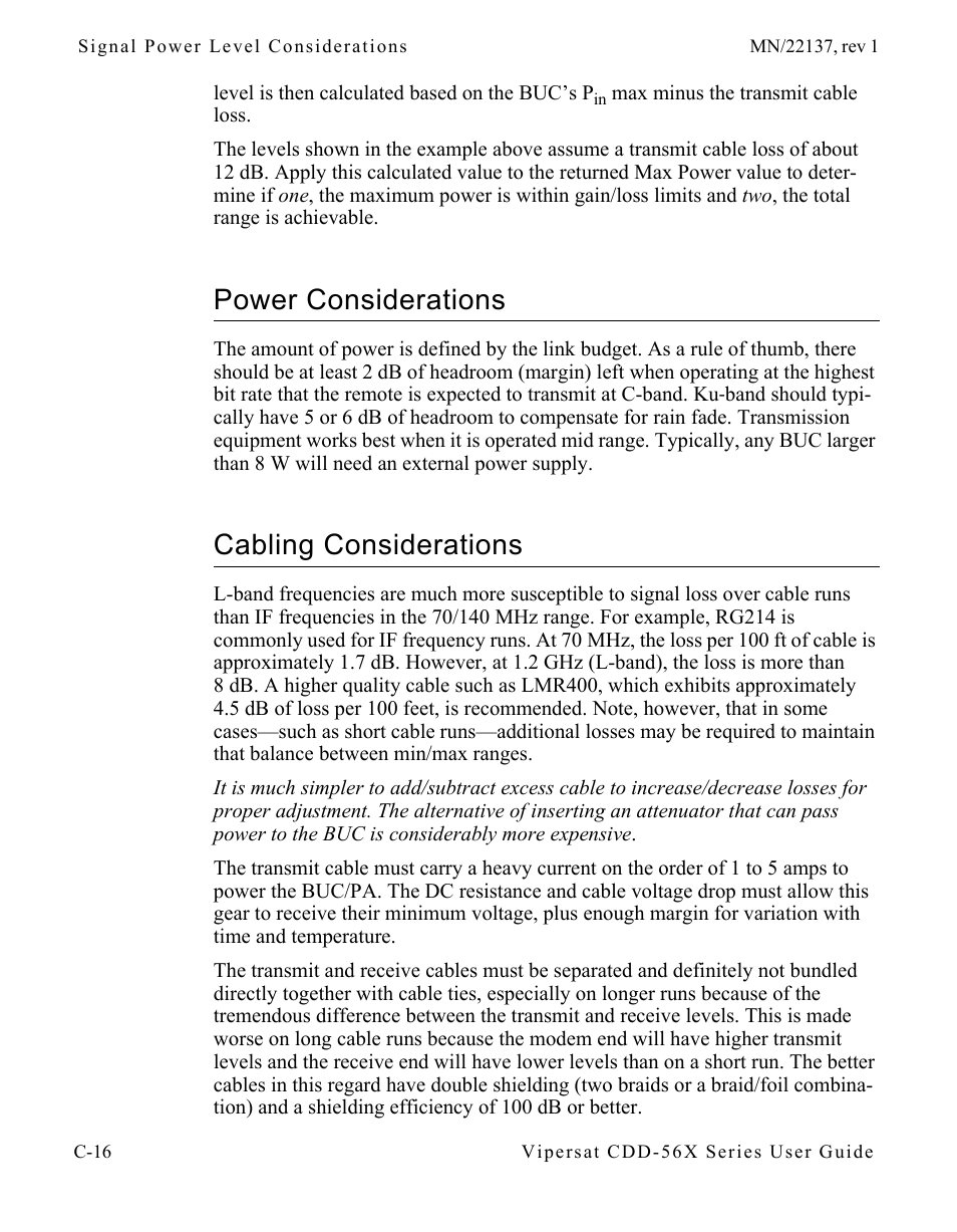 Power considerations, Cabling considerations | Comtech EF Data CDD-56X Series Vipersat User Manual | Page 152 / 176