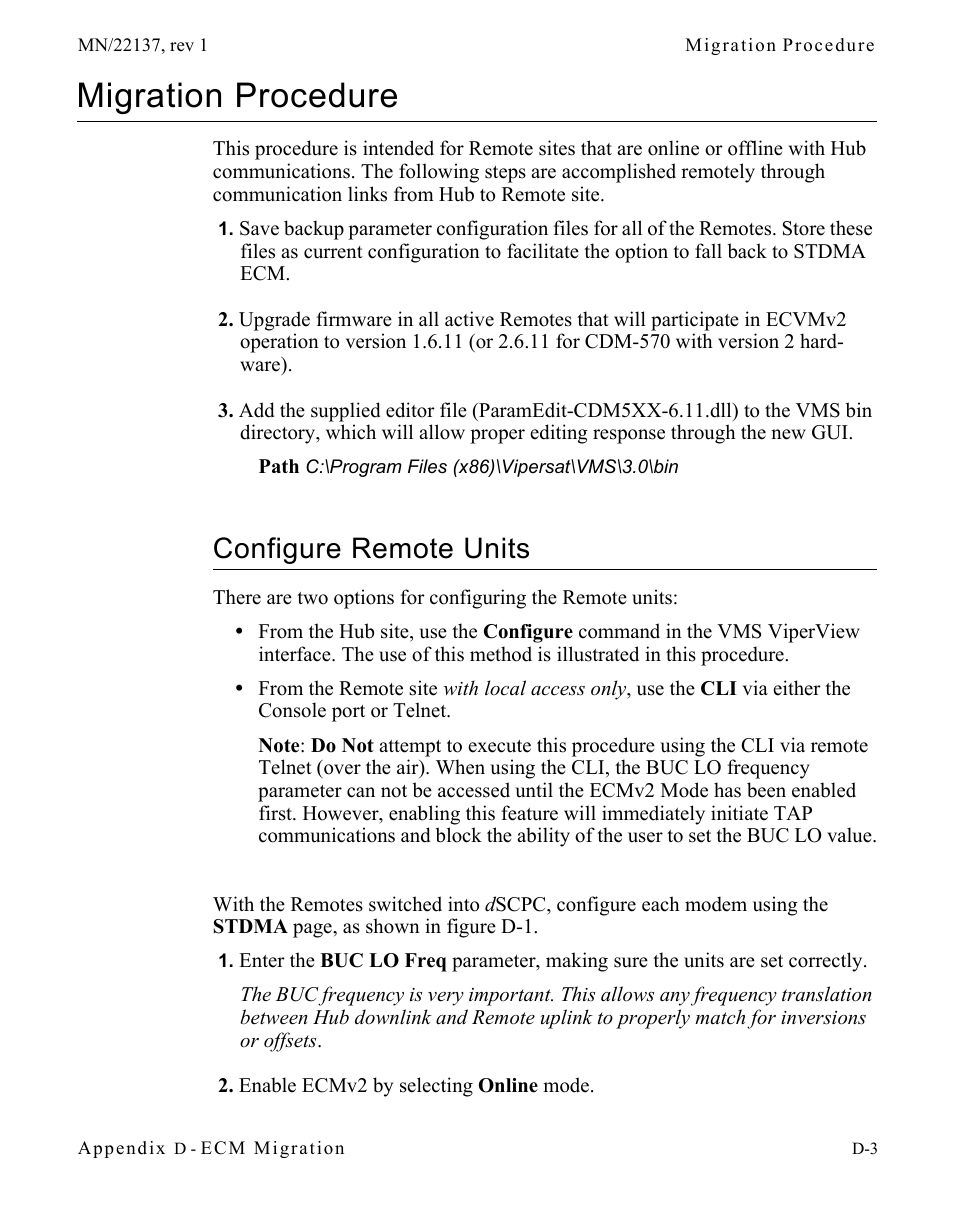 Migration procedure, Configure remote units, Migration procedure . . . . . . . . . . . . . d-3 | Configure remote units. . . . . . . . . . . d-3 | Comtech EF Data CDD-56X Series Vipersat User Manual | Page 157 / 176
