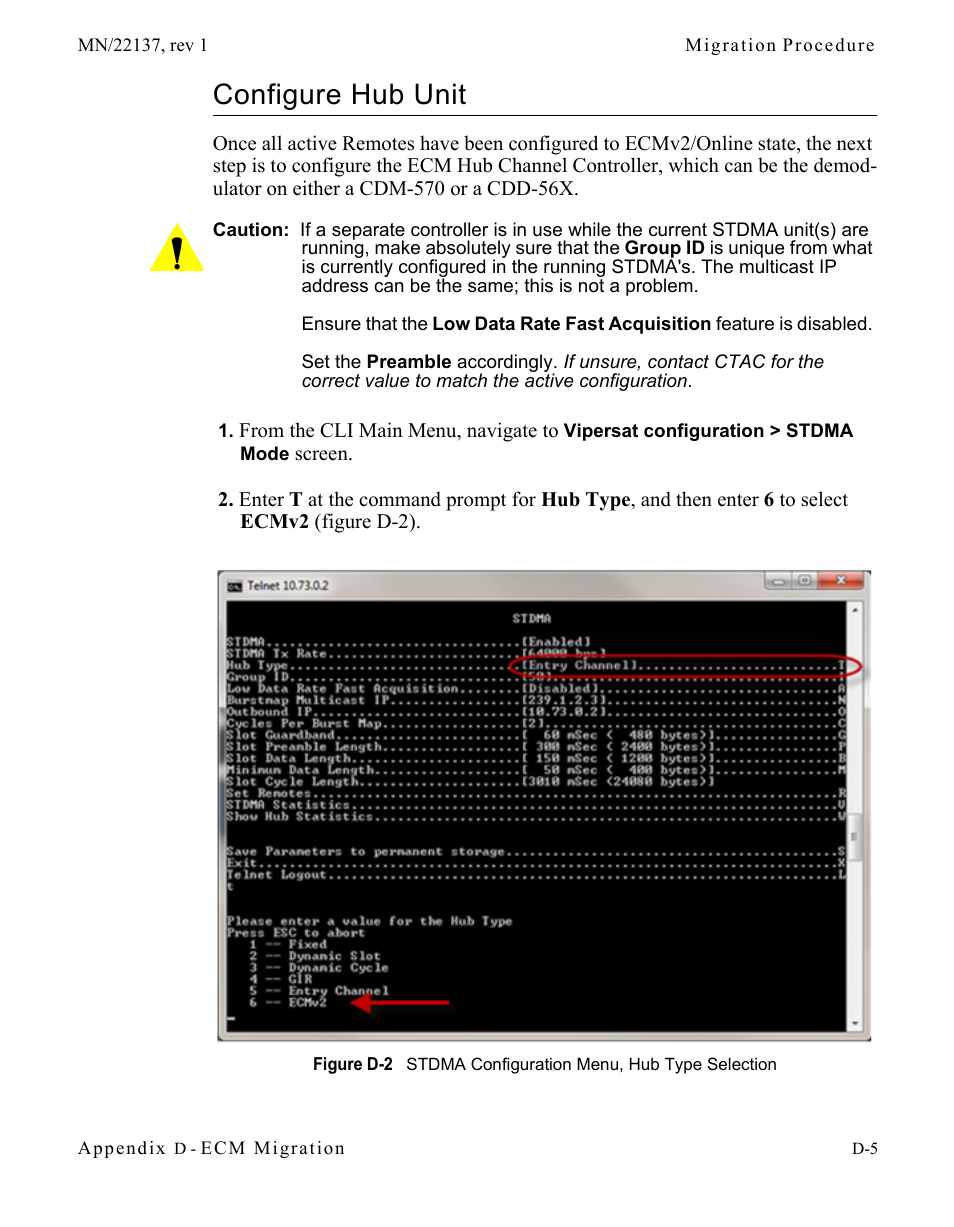 Configure hub unit, Configure hub unit . . . . . . . . . . . . . d-5, Figure d-2 stdma configuration menu, hub type | Selection | Comtech EF Data CDD-56X Series Vipersat User Manual | Page 159 / 176