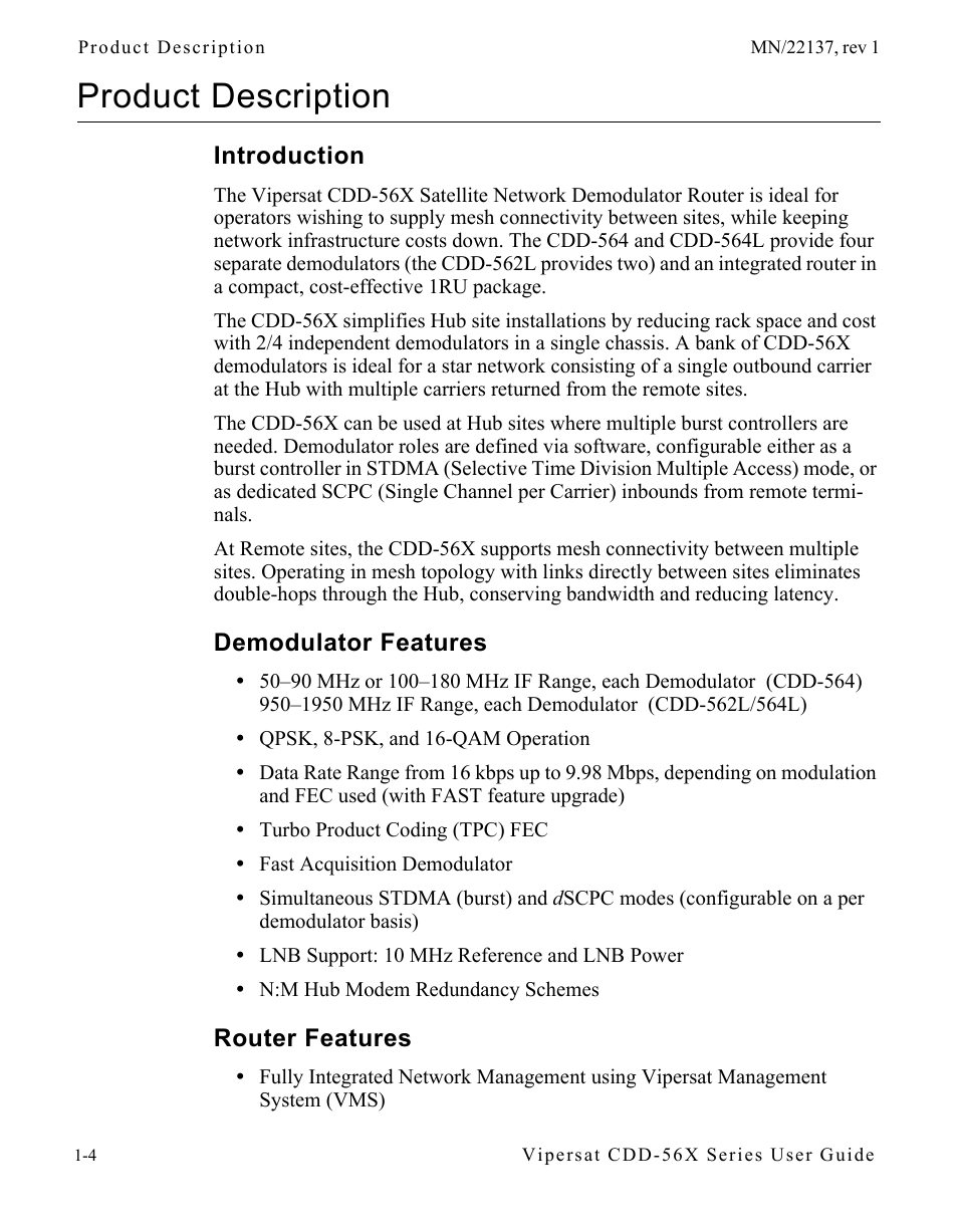 Product description, Introduction, Demodulator features | Router features, Product description -4 | Comtech EF Data CDD-56X Series Vipersat User Manual | Page 18 / 176