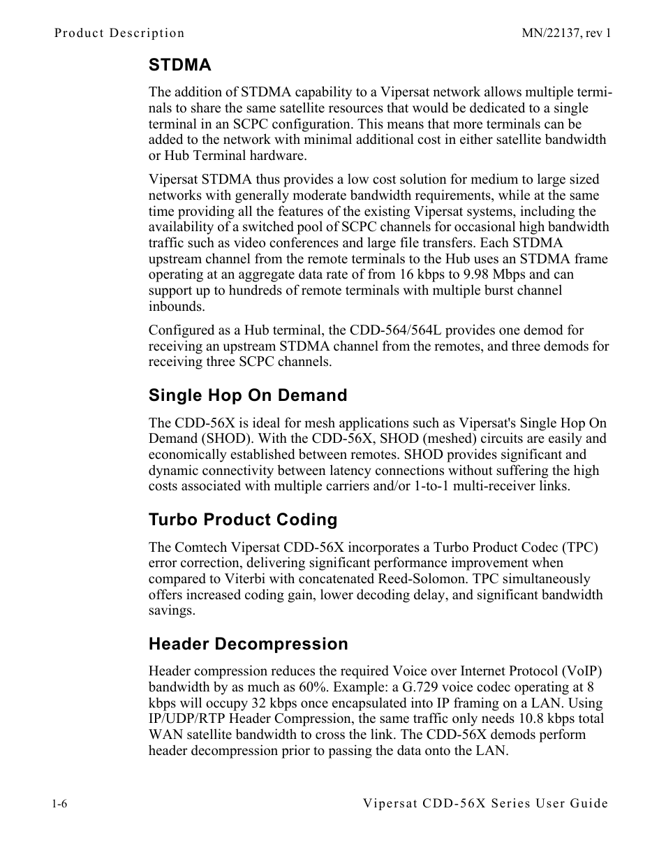 Stdma, Single hop on demand, Turbo product coding | Header decompression | Comtech EF Data CDD-56X Series Vipersat User Manual | Page 20 / 176