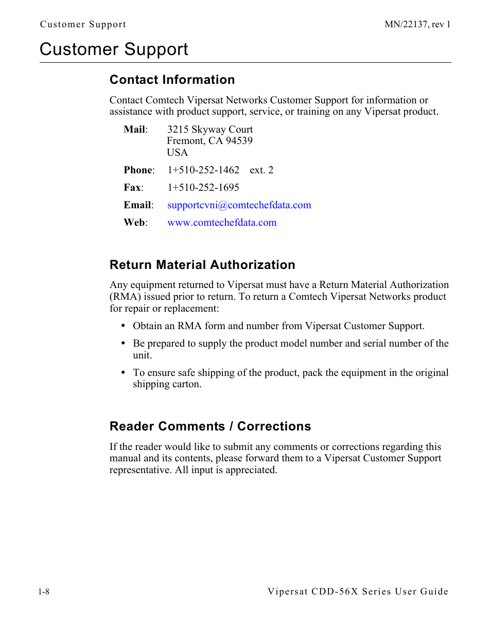 Customer support, Contact information, Return material authorization | Reader comments / corrections, Customer support -8 | Comtech EF Data CDD-56X Series Vipersat User Manual | Page 22 / 176