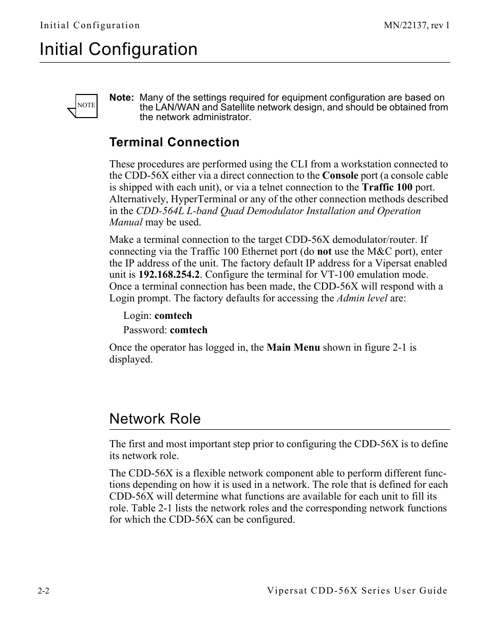 Initial configuration, Terminal connection, Network role | Initial configuration -2, Terminal connection -2, Network role -2 | Comtech EF Data CDD-56X Series Vipersat User Manual | Page 24 / 176