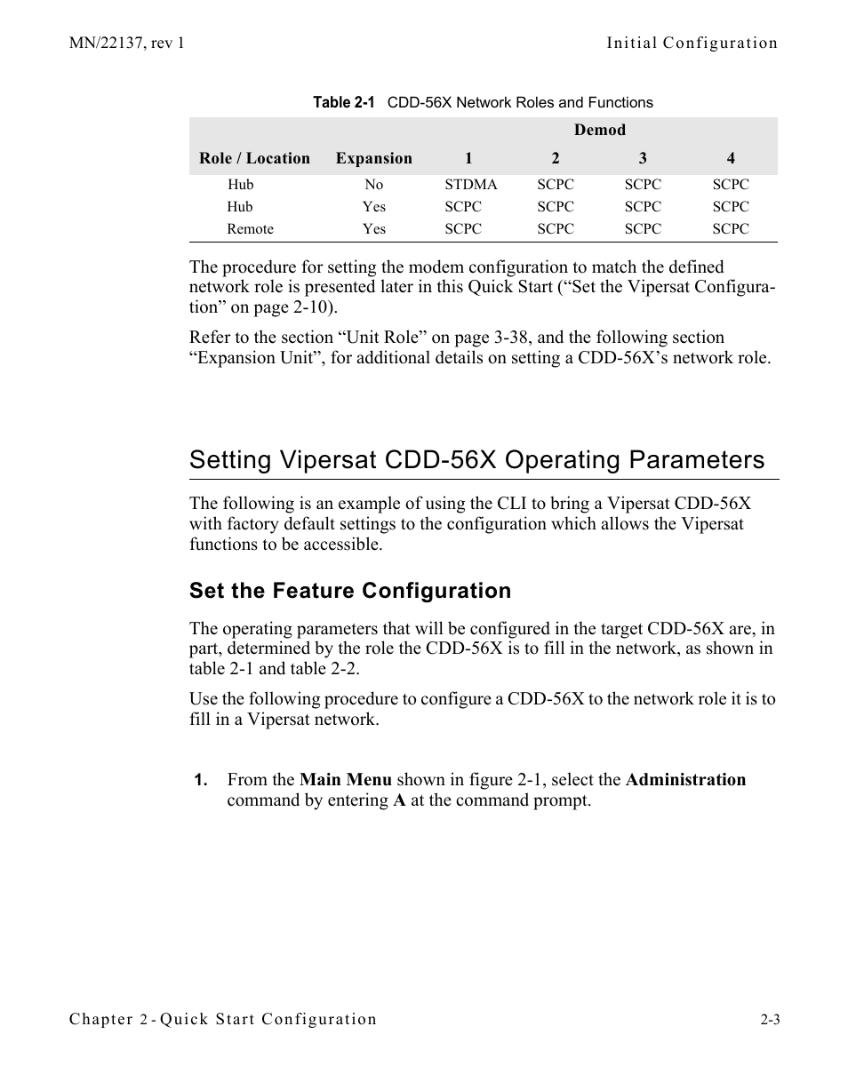 Setting vipersat cdd-56x operating parameters, Set the feature configuration, Setting vipersat cdd-56x operating | Parameters -3, Set the feature configuration -3, Table 2-1 cdd-56x network roles and functions | Comtech EF Data CDD-56X Series Vipersat User Manual | Page 25 / 176