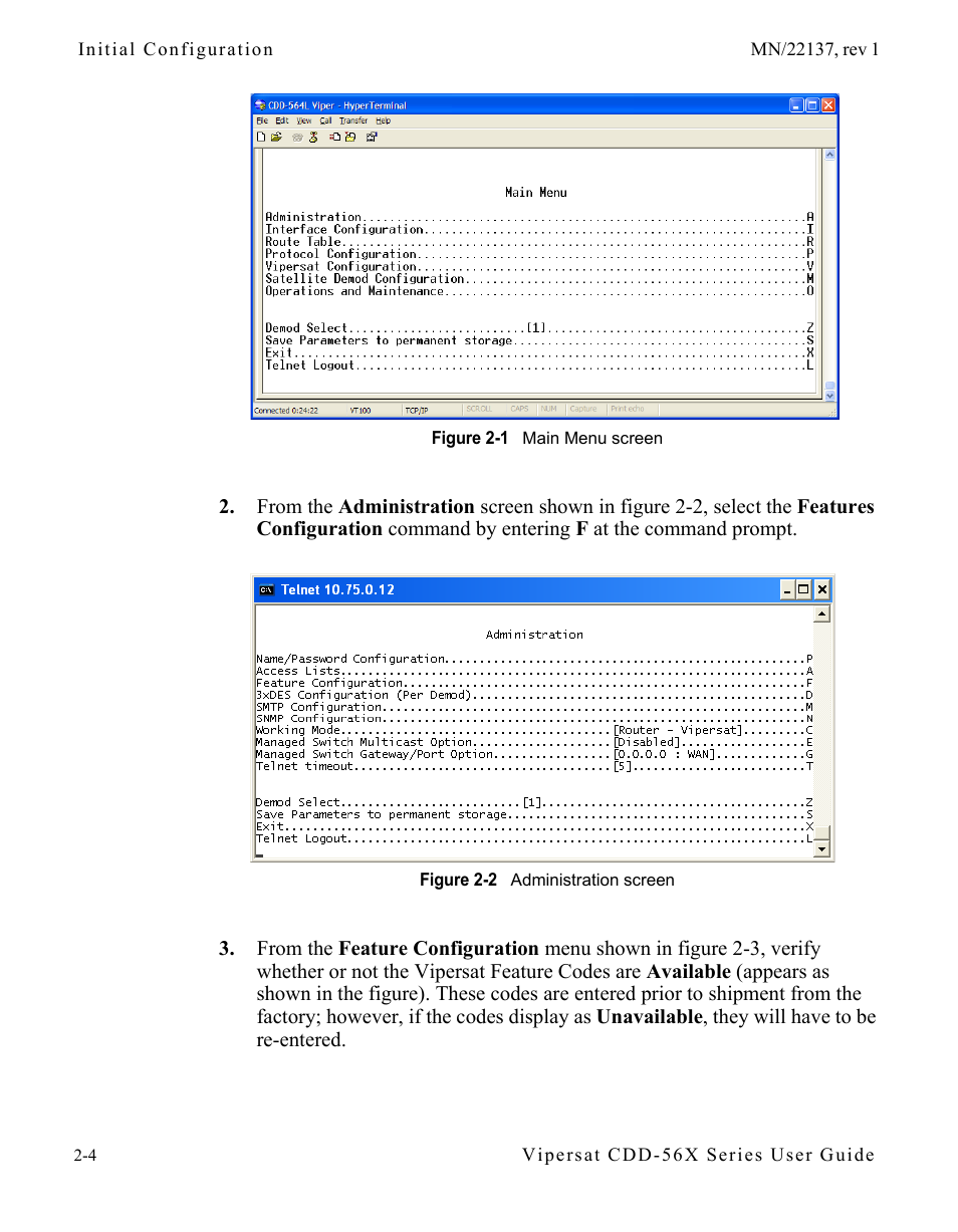 Figure 2-1 main menu screen, Figure 2-2 administration screen, In figure 2-1 | Comtech EF Data CDD-56X Series Vipersat User Manual | Page 26 / 176