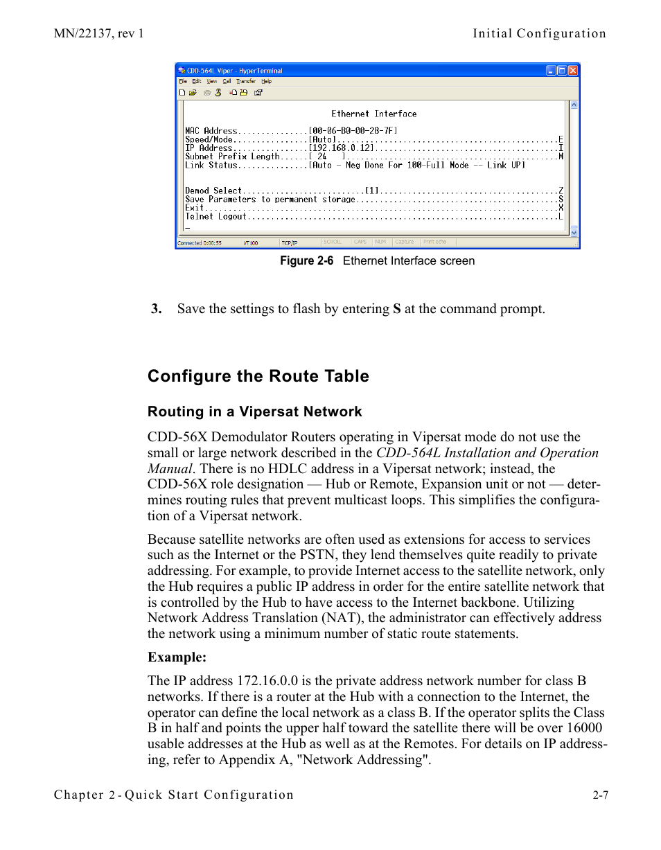 Configure the route table, Routing in a vipersat network, Configure the route table -7 | Routing in a vipersat network -7, Figure 2-6 ethernet interface screen | Comtech EF Data CDD-56X Series Vipersat User Manual | Page 29 / 176