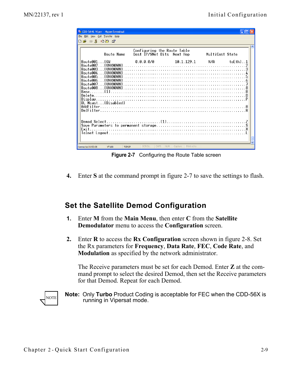 Set the satellite demod configuration, Set the satellite demod configuration . 2-9, Figure 2-7 configuring the route table screen | Comtech EF Data CDD-56X Series Vipersat User Manual | Page 31 / 176