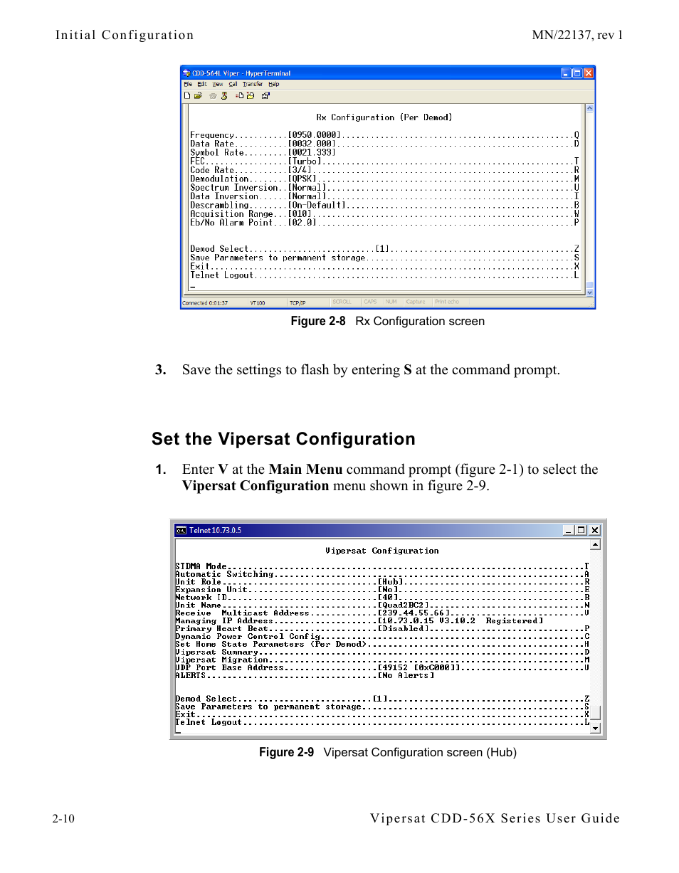 Set the vipersat configuration, Set the vipersat configuration -10, Figure 2-8 rx configuration screen | Figure 2-9 vipersat configuration screen (hub), Set the vipersat configura | Comtech EF Data CDD-56X Series Vipersat User Manual | Page 32 / 176