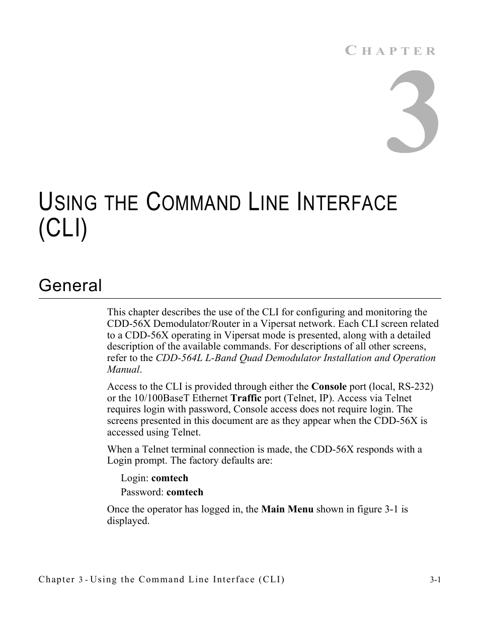 Using the command line interface (cli), General, Using the command line interface | Cli), General -1, Sing, Ommand, Nterface | Comtech EF Data CDD-56X Series Vipersat User Manual | Page 35 / 176