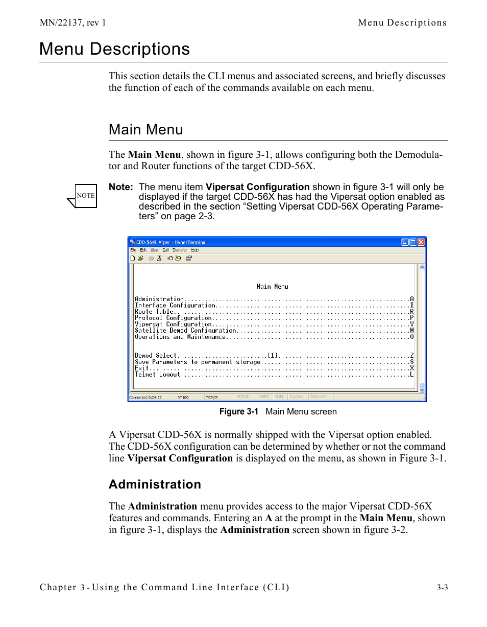 Menu descriptions, Main menu, Administration | Menu descriptions -3, Main menu -3, Administration -3, Figure 3-1 main menu screen | Comtech EF Data CDD-56X Series Vipersat User Manual | Page 37 / 176