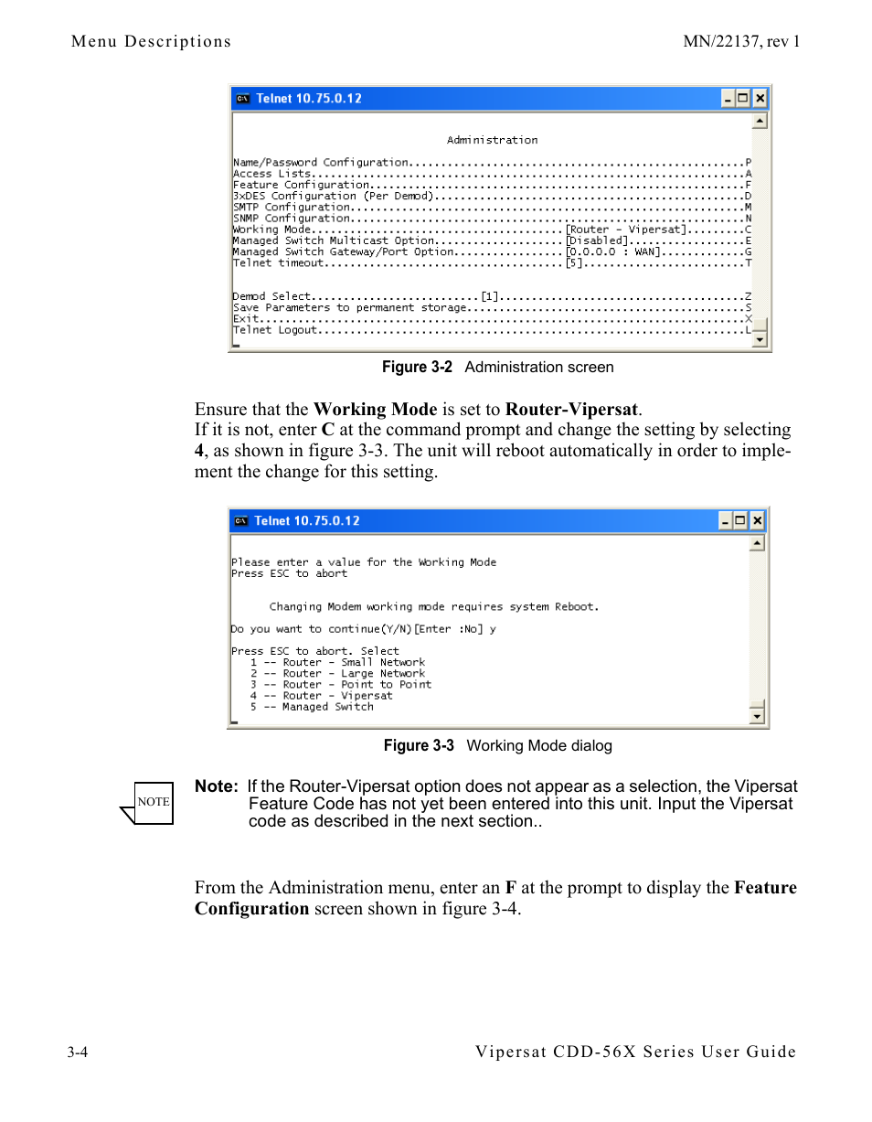 Figure 3-2 administration screen, Figure 3-3 working mode dialog, N in figure 3-2 | Comtech EF Data CDD-56X Series Vipersat User Manual | Page 38 / 176