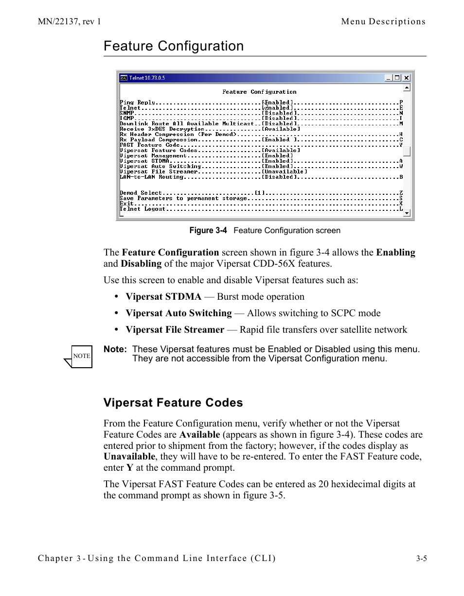 Feature configuration, Vipersat feature codes, Feature configuration -5 | Vipersat feature codes -5, Figure 3-4 feature configuration screen | Comtech EF Data CDD-56X Series Vipersat User Manual | Page 39 / 176