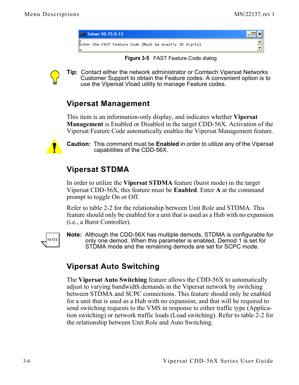 Vipersat management, Vipersat stdma, Vipersat auto switching | Figure 3-5 fast feature code dialog | Comtech EF Data CDD-56X Series Vipersat User Manual | Page 40 / 176