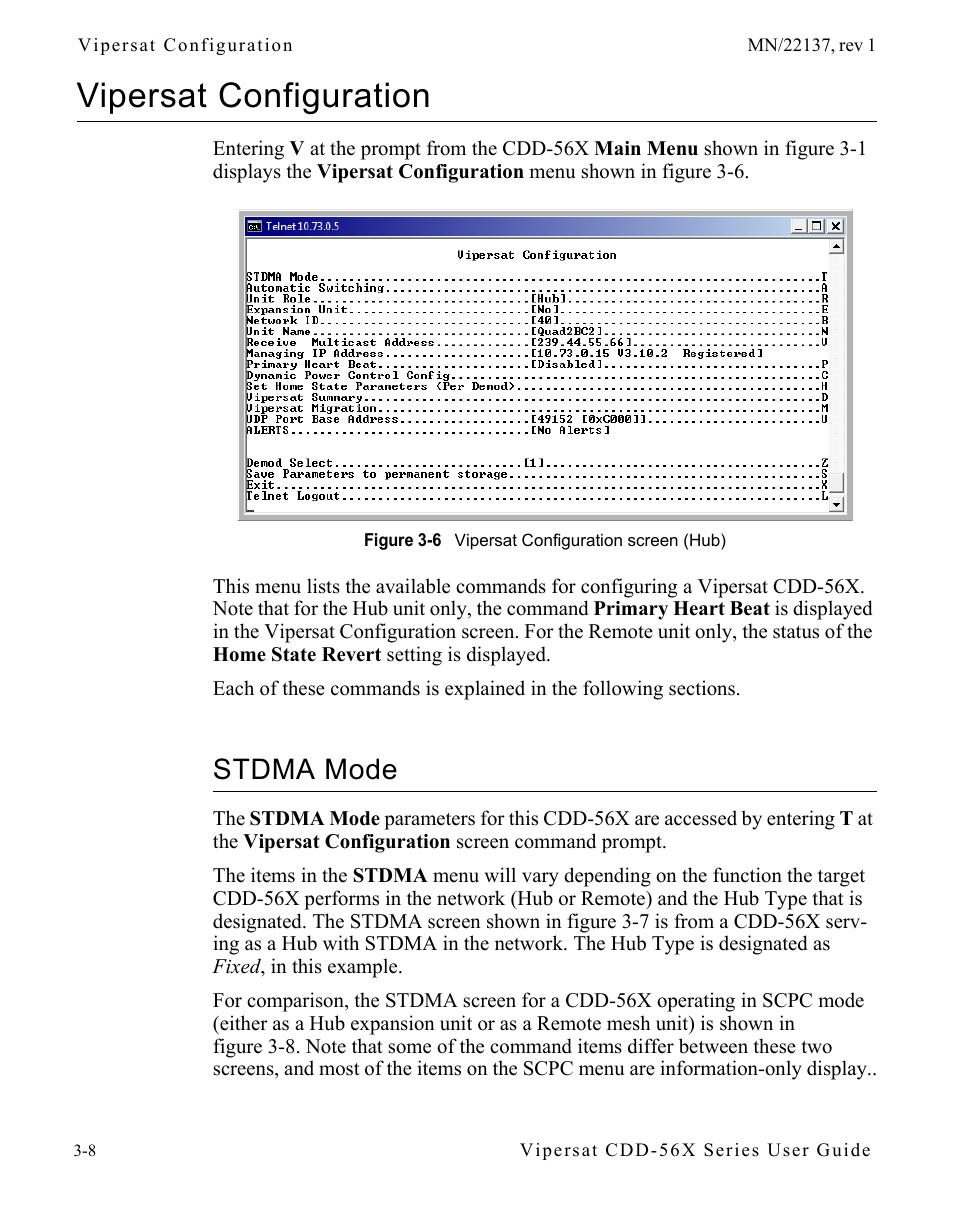 Vipersat configuration, Stdma mode, Vipersat configuration -8 | Stdma mode -8, Figure 3-6 vipersat configuration screen (hub)3-8, N in figure 3-6 | Comtech EF Data CDD-56X Series Vipersat User Manual | Page 42 / 176