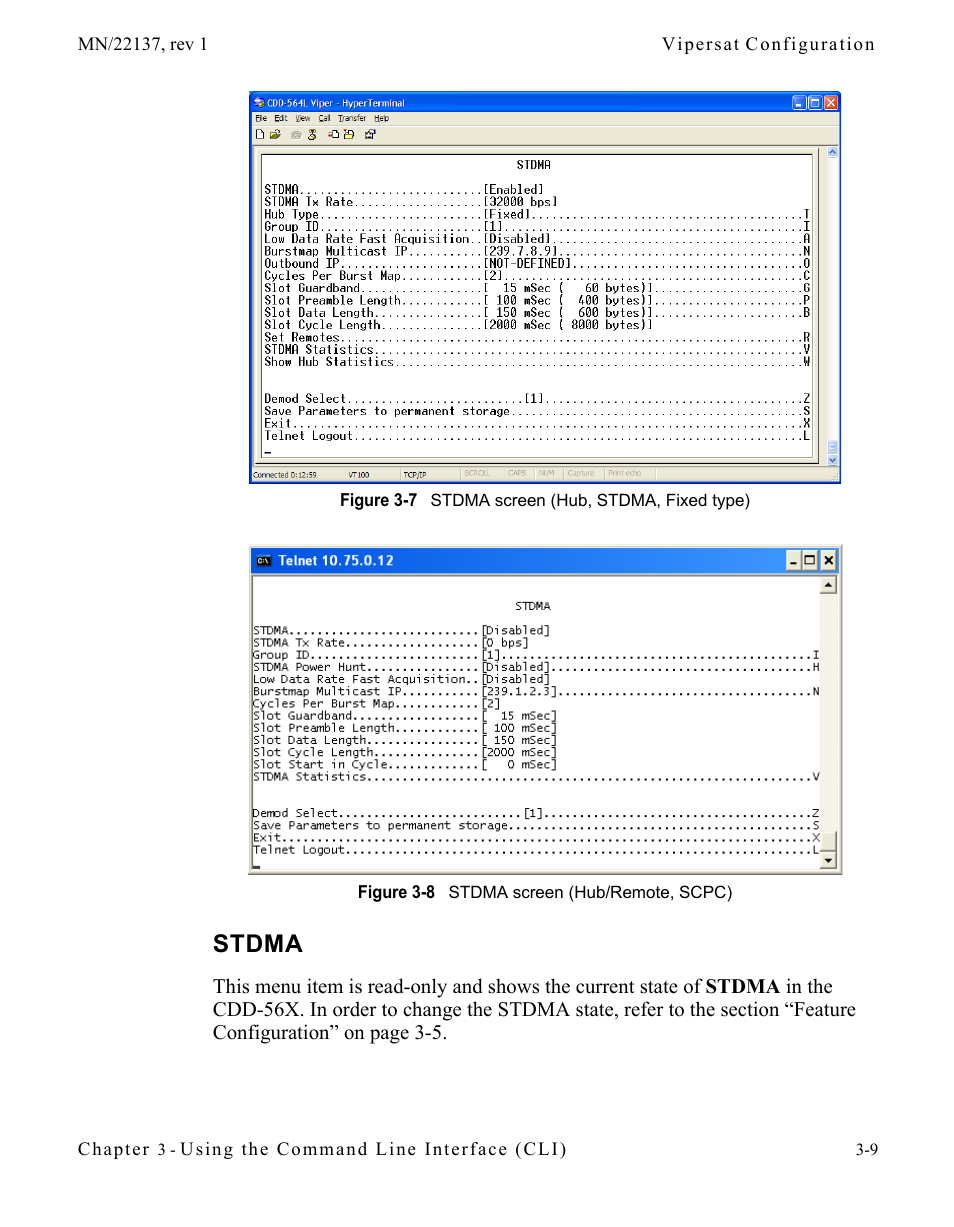 Stdma, Stdma -9, Figure 3-7 stdma screen (hub, stdma, fixed | Type), Figure 3-8 stdma screen (hub/remote, scpc), Figure 3-7 is from a cdd-56x serv, Figure 3-8. note that some of | Comtech EF Data CDD-56X Series Vipersat User Manual | Page 43 / 176