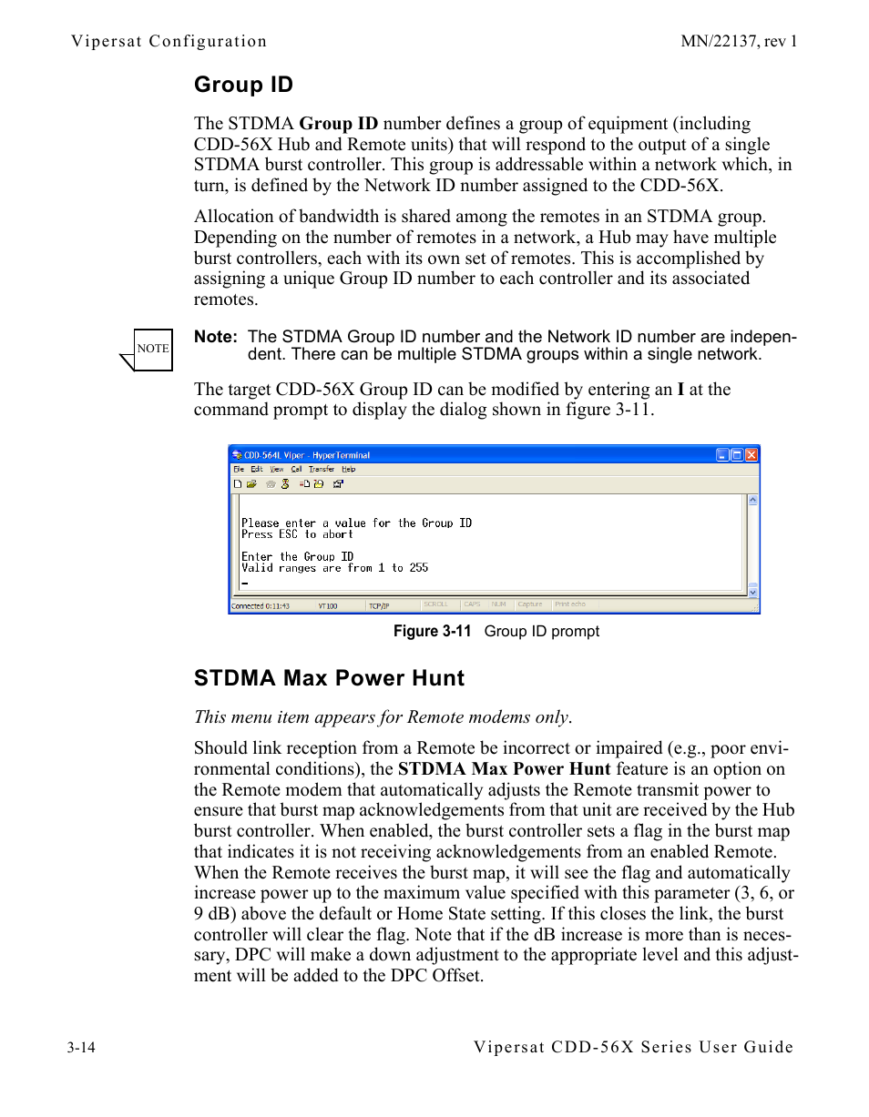 Group id, Stdma max power hunt, Group id -14 stdma max power hunt -14 | Figure 3-11 group id prompt | Comtech EF Data CDD-56X Series Vipersat User Manual | Page 48 / 176
