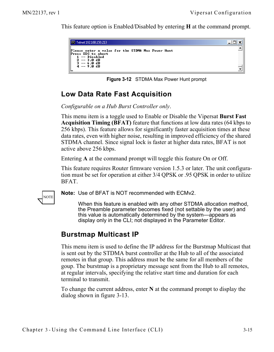 Low data rate fast acquisition, Burstmap multicast ip, Figure 3-12 stdma max power hunt prompt | Comtech EF Data CDD-56X Series Vipersat User Manual | Page 49 / 176