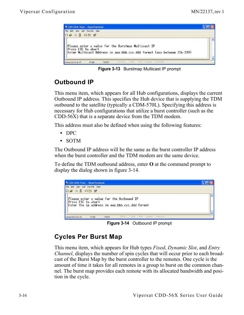 Outbound ip, Cycles per burst map, Outbound ip -16 cycles per burst map -16 | Figure 3-13 burstmap multicast ip prompt, Figure 3-14 outbound ip prompt | Comtech EF Data CDD-56X Series Vipersat User Manual | Page 50 / 176