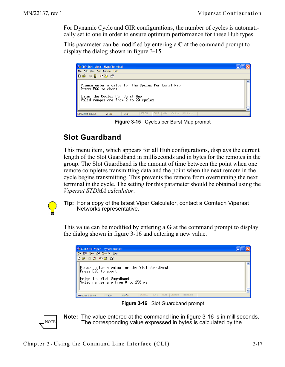 Slot guardband, Slot guardband -17, Figure 3-15 cycles per burst map prompt | Figure 3-16 slot guardband prompt | Comtech EF Data CDD-56X Series Vipersat User Manual | Page 51 / 176