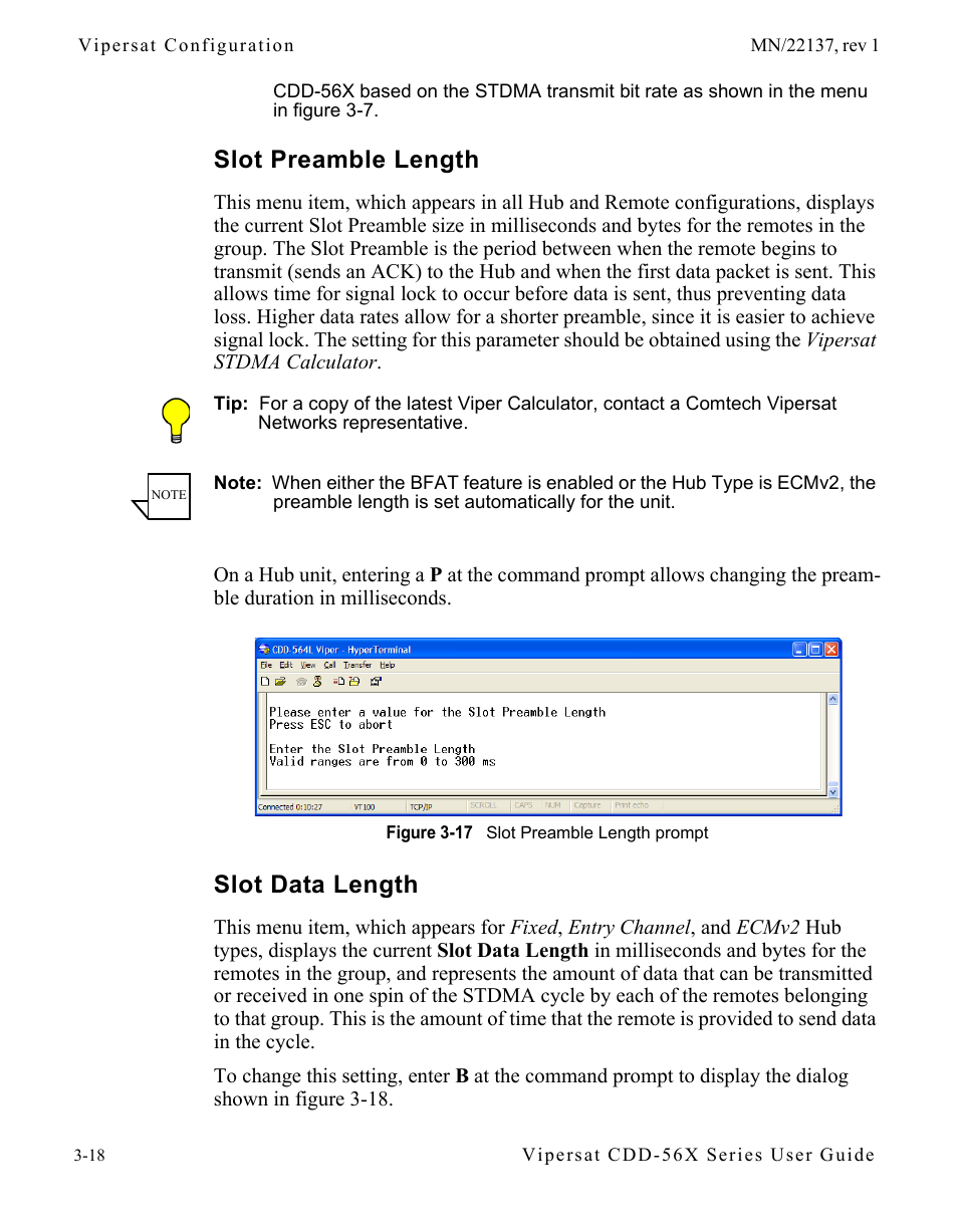 Slot preamble length, Slot data length, Slot preamble length -18 slot data length -18 | Figure 3-17 slot preamble length prompt | Comtech EF Data CDD-56X Series Vipersat User Manual | Page 52 / 176