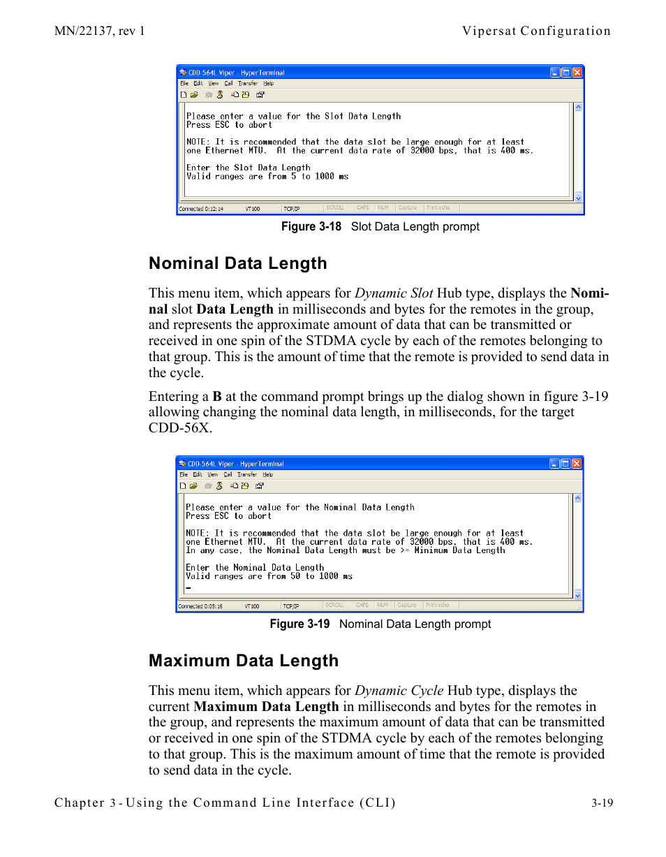 Nominal data length, Maximum data length, Nominal data length -19 maximum data length -19 | Figure 3-18 slot data length prompt, Figure 3-19 nominal data length prompt | Comtech EF Data CDD-56X Series Vipersat User Manual | Page 53 / 176