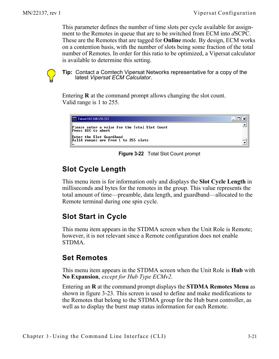 Slot cycle length, Slot start in cycle, Set remotes | Figure 3-22 total slot count prompt | Comtech EF Data CDD-56X Series Vipersat User Manual | Page 55 / 176