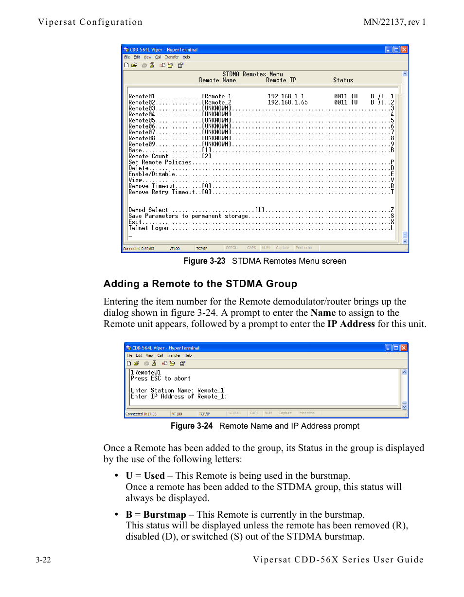 Adding a remote to the stdma group, Figure 3-23 stdma remotes menu screen, Figure 3-24 remote name and ip address prompt | Comtech EF Data CDD-56X Series Vipersat User Manual | Page 56 / 176