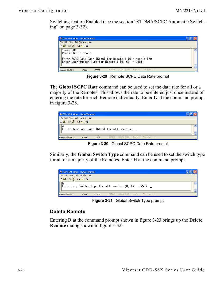 Delete remote, Delete remote -26, Figure 3-29 remote scpc data rate prompt | Figure 3-30 global scpc data rate prompt, Figure 3-31 global switch type prompt | Comtech EF Data CDD-56X Series Vipersat User Manual | Page 60 / 176