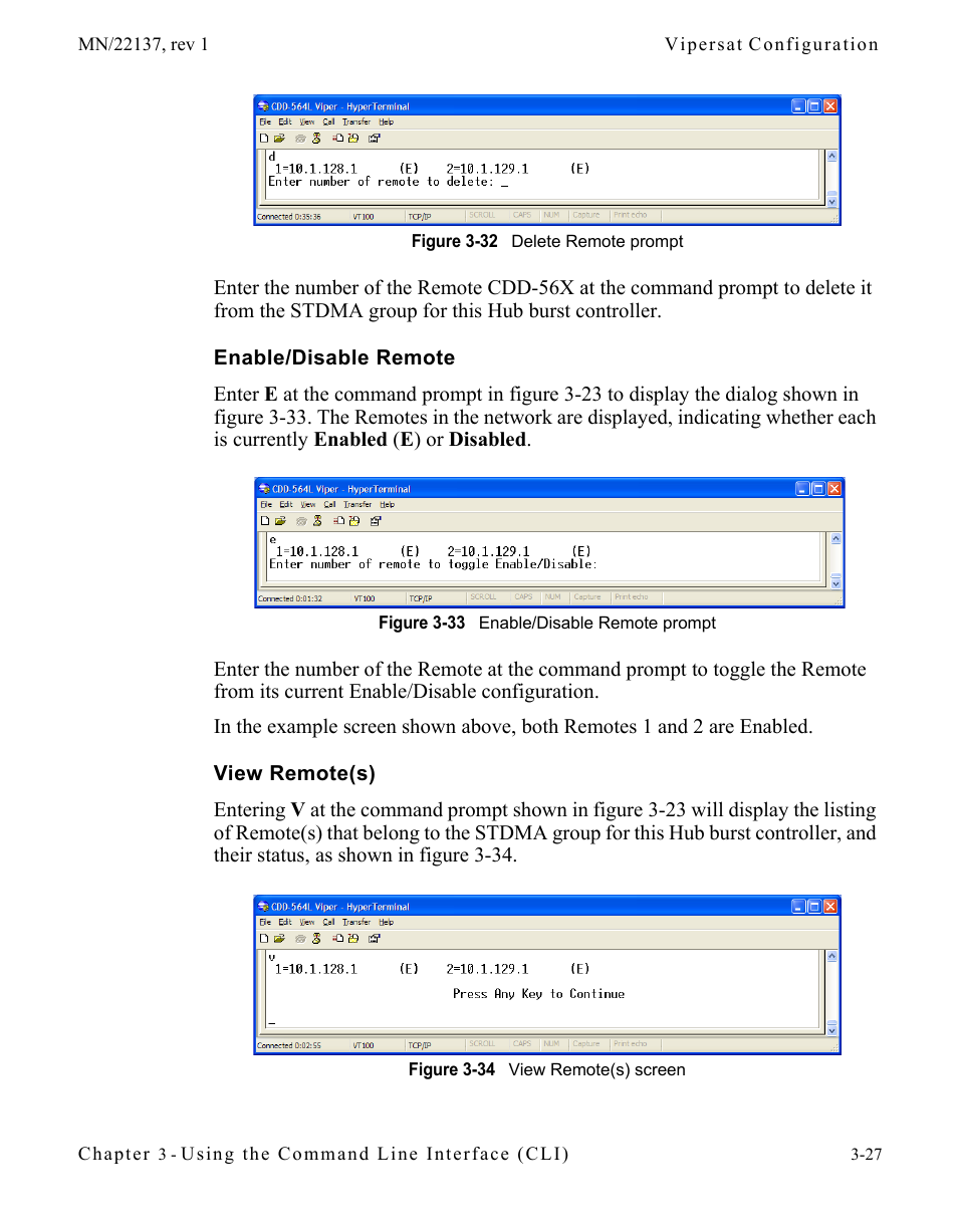 Enable/disable remote, View remote(s), Enable/disable remote -27 view remote(s) -27 | Figure 3-32 delete remote prompt, Figure 3-33 enable/disable remote prompt, Figure 3-34 view remote(s) screen, Figure 3-32 | Comtech EF Data CDD-56X Series Vipersat User Manual | Page 61 / 176