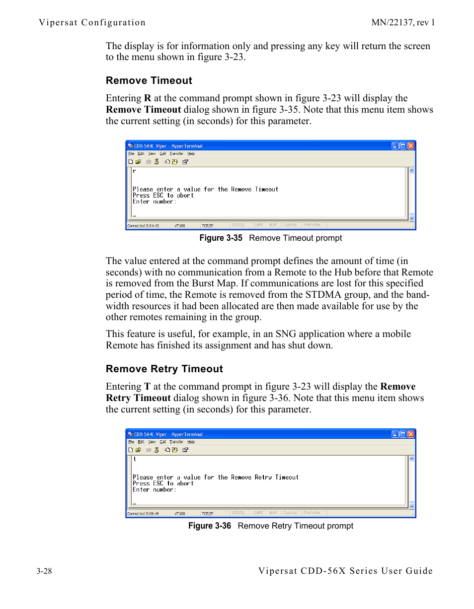 Remove timeout, Remove retry timeout, Remove timeout -28 remove retry timeout -28 | Figure 3-35 remove timeout prompt, Figure 3-36 remove retry timeout prompt | Comtech EF Data CDD-56X Series Vipersat User Manual | Page 62 / 176
