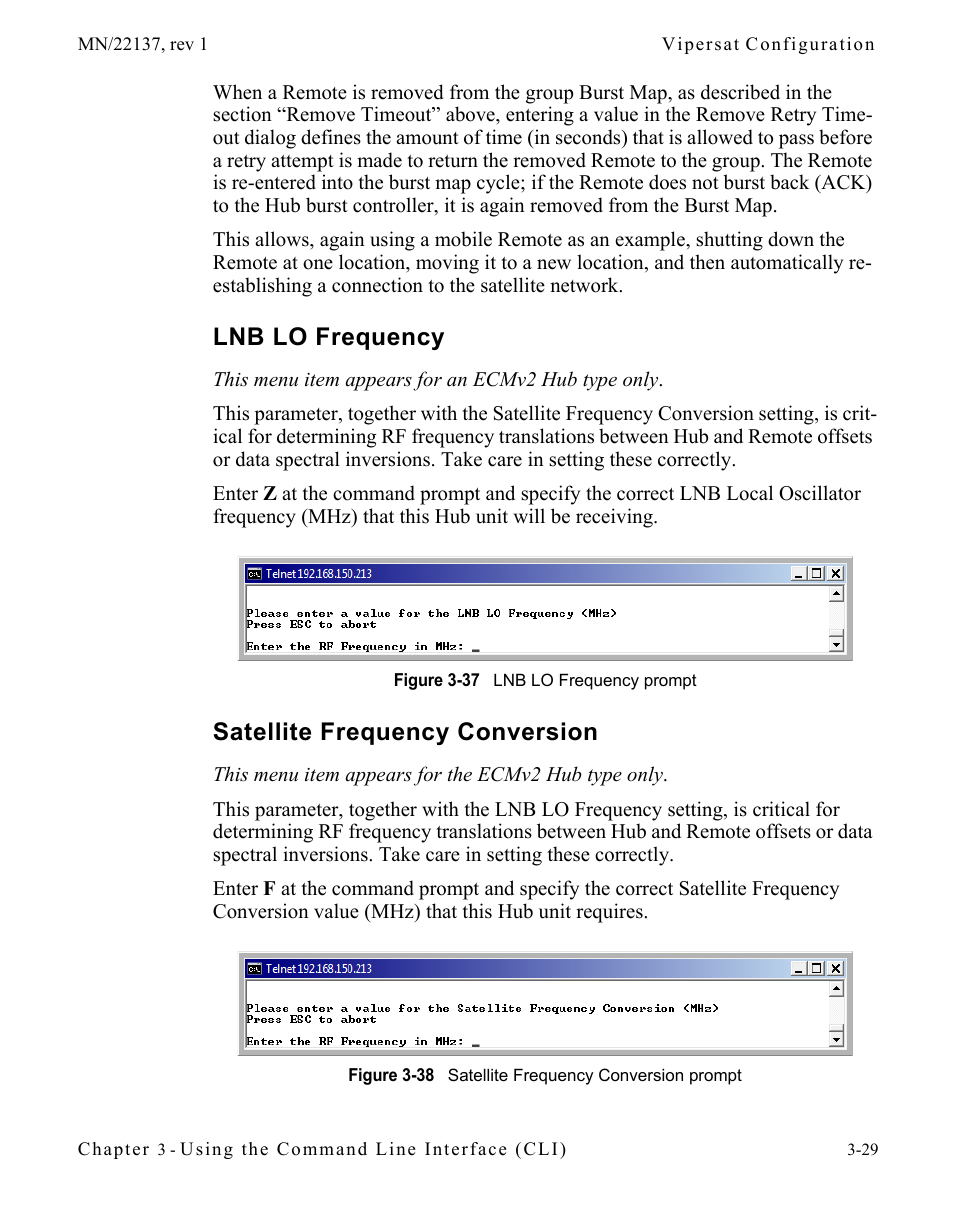 Lnb lo frequency, Satellite frequency conversion, Figure 3-37 lnb lo frequency prompt | Figure 3-38 satellite frequency conversion prompt | Comtech EF Data CDD-56X Series Vipersat User Manual | Page 63 / 176