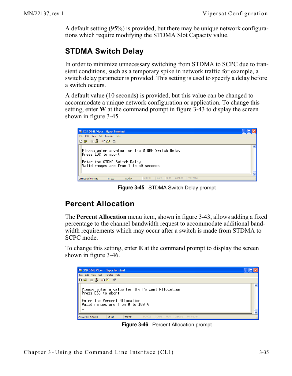 Stdma switch delay, Percent allocation, Stdma switch delay -35 percent allocation -35 | Figure 3-45 stdma switch delay prompt, Figure 3-46 percent allocation prompt | Comtech EF Data CDD-56X Series Vipersat User Manual | Page 69 / 176