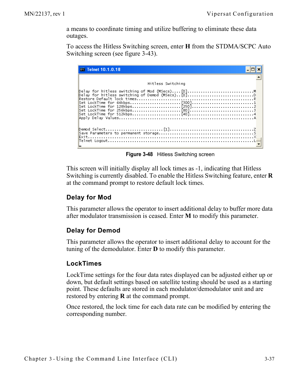 Delay for mod, Delay for demod, Locktimes | Figure 3-48 hitless switching screen | Comtech EF Data CDD-56X Series Vipersat User Manual | Page 71 / 176