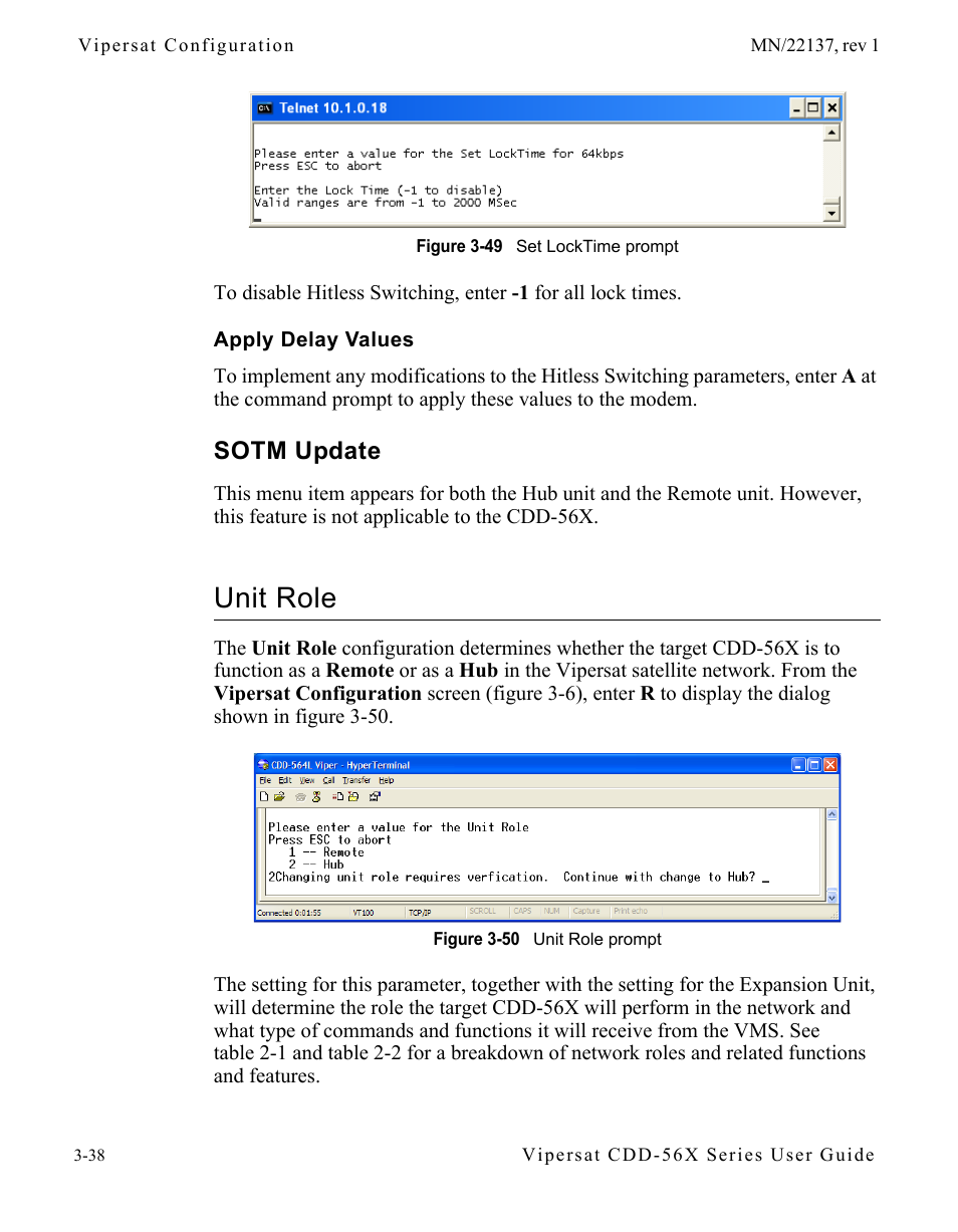 Apply delay values, Sotm update, Unit role | Apply delay values -38, Sotm update -38, Unit role -38, Figure 3-49 set locktime prompt, Figure 3-50 unit role prompt | Comtech EF Data CDD-56X Series Vipersat User Manual | Page 72 / 176