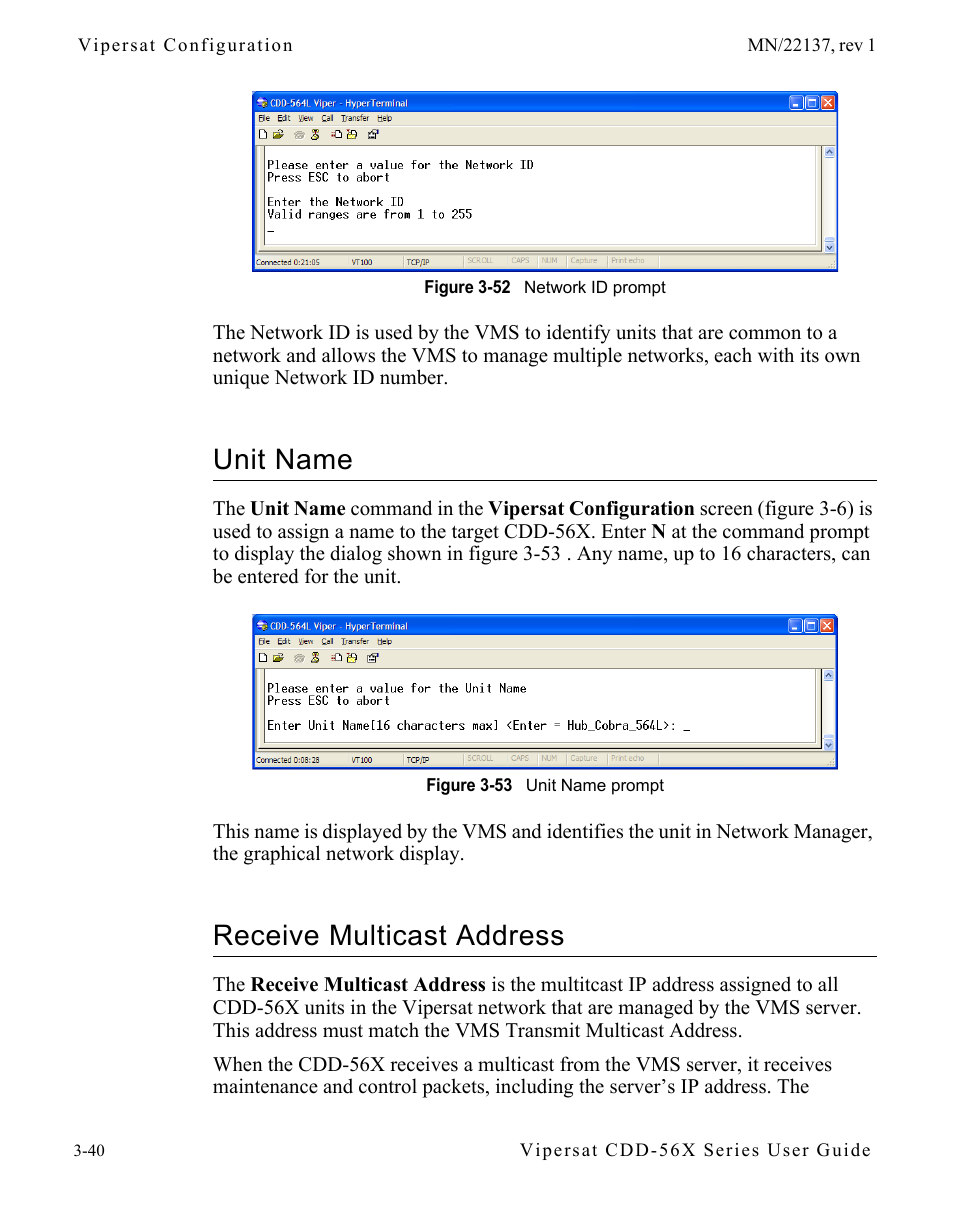 Unit name, Receive multicast address, Unit name -40 receive multicast address -40 | Figure 3-52 network id prompt, Figure 3-53 unit name prompt, In figure 3-52 | Comtech EF Data CDD-56X Series Vipersat User Manual | Page 74 / 176