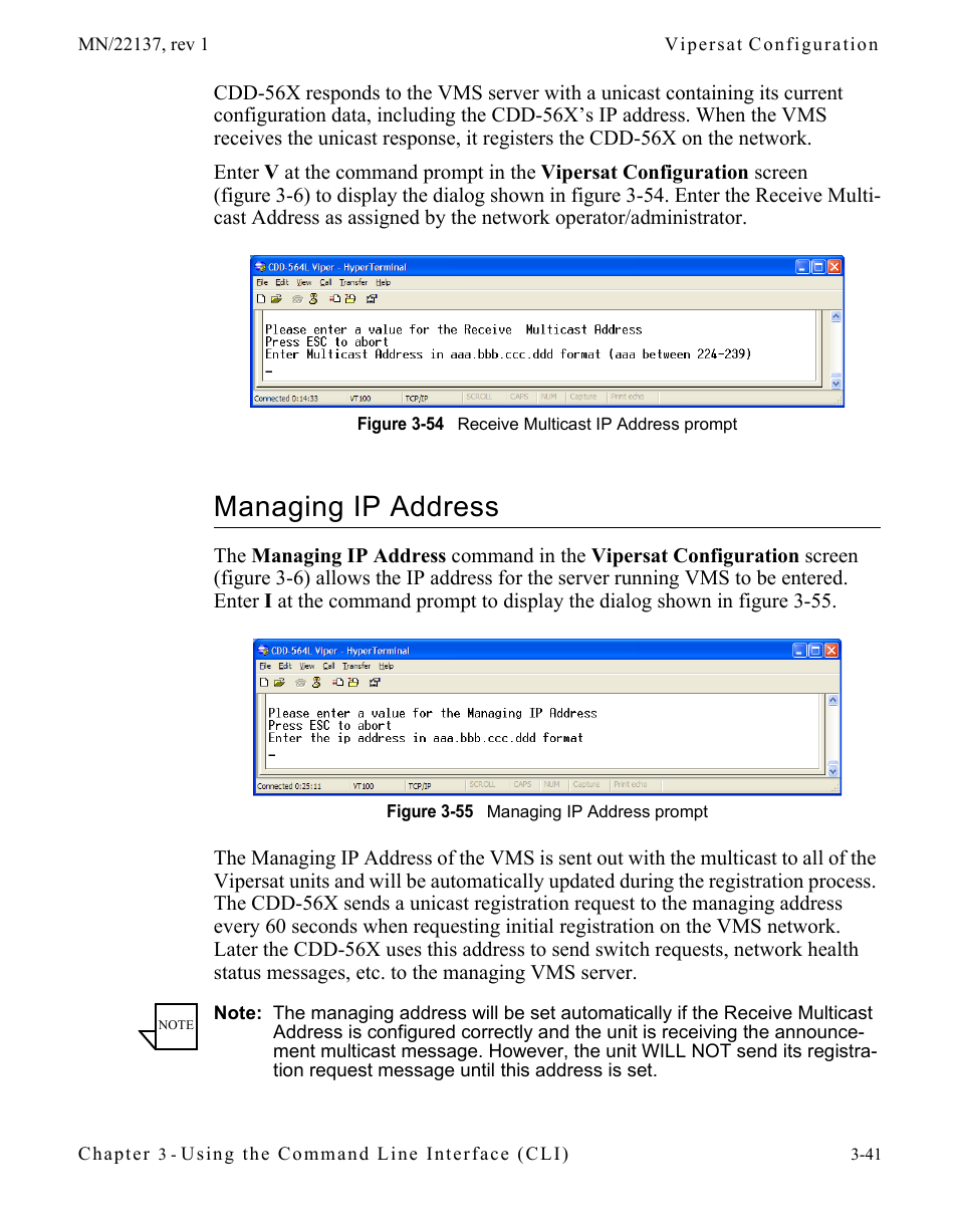 Managing ip address, Managing ip address -41, Figure 3-54 receive multicast ip address prompt | Figure 3-55 managing ip address prompt | Comtech EF Data CDD-56X Series Vipersat User Manual | Page 75 / 176