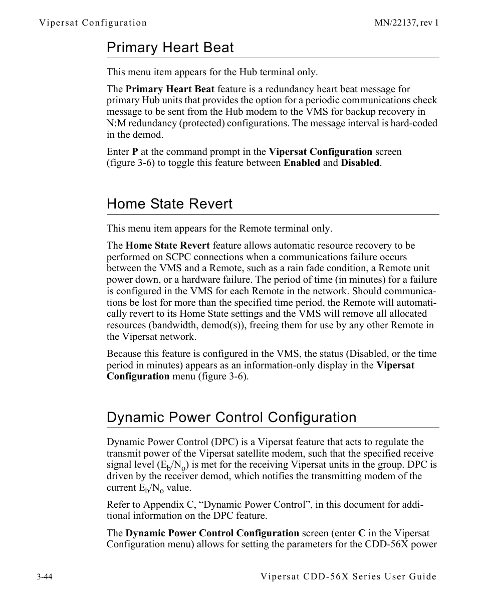 Primary heart beat, Home state revert, Dynamic power control configuration | Primary heart beat -44 home state revert -44, Dynamic power control configuration -44 | Comtech EF Data CDD-56X Series Vipersat User Manual | Page 78 / 176