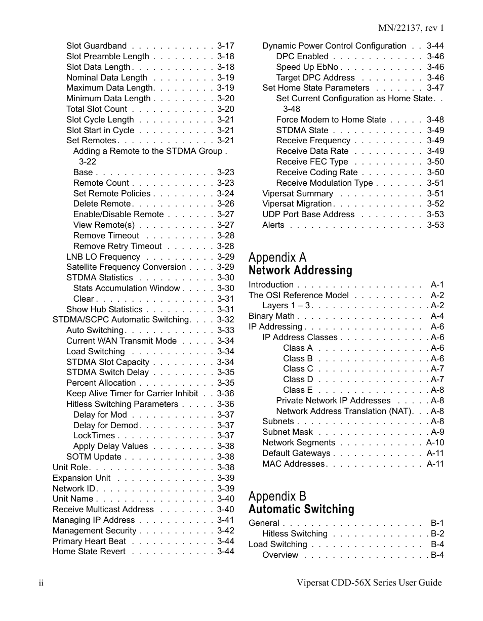 Appendix a, Appendix b, Network addressing | Automatic switching | Comtech EF Data CDD-56X Series Vipersat User Manual | Page 8 / 176