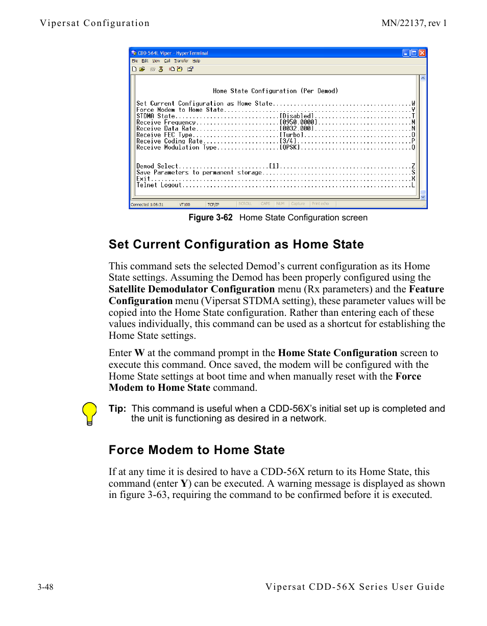 Set current configuration as home state, Force modem to home state, Force modem to home state -48 | Figure 3-62 home state configuration screen | Comtech EF Data CDD-56X Series Vipersat User Manual | Page 82 / 176